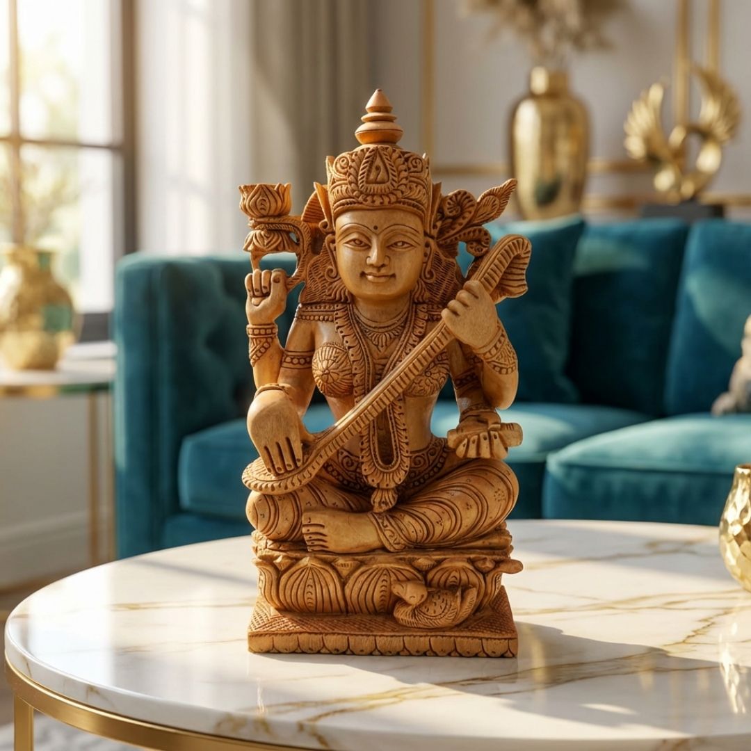 Sandalwood Saraswati Idol with Veena and Lotus Base