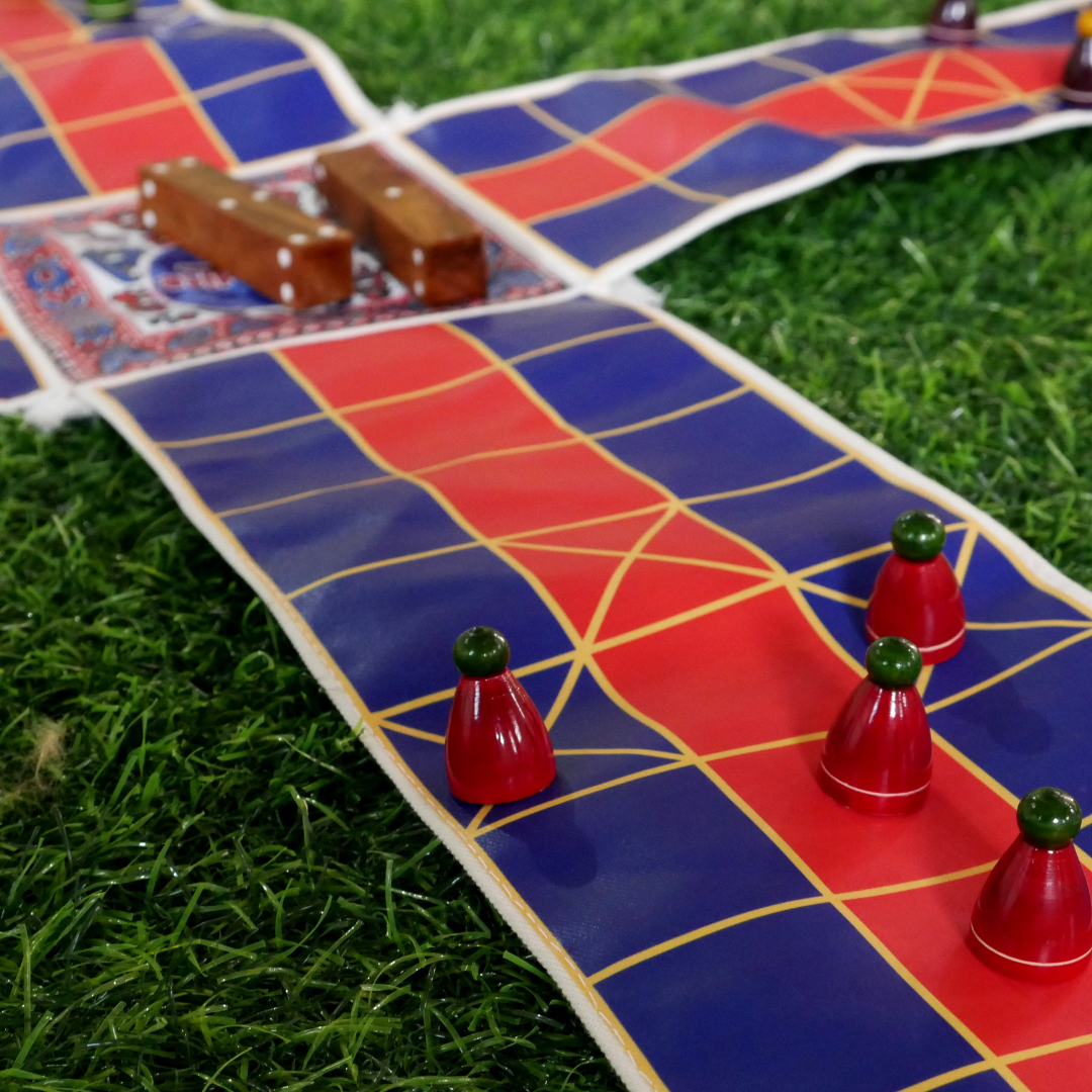 Pagade Board Game – Traditional Indian Pachisi (Parcheesi) Set in Blue & Red | Handmade Wooden Pieces | Includes How-to-Play Guide