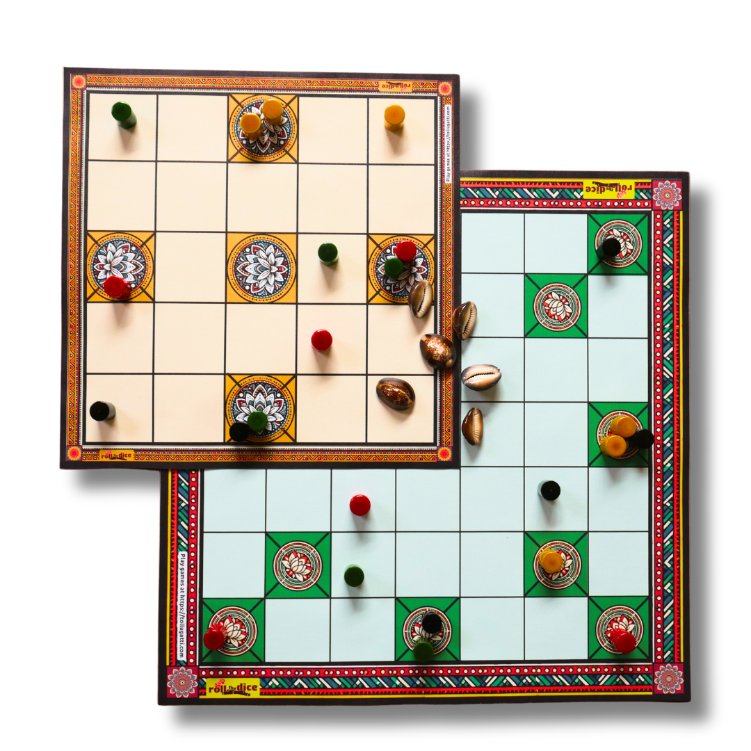 Chowka Bara 5 & 7 House Board Game Combo Set | Cotton Canvas Mat & Wooden Pawns | Ashta Chamma (Telugu), Daayam (Tamil) | Includes How to Play Instructions