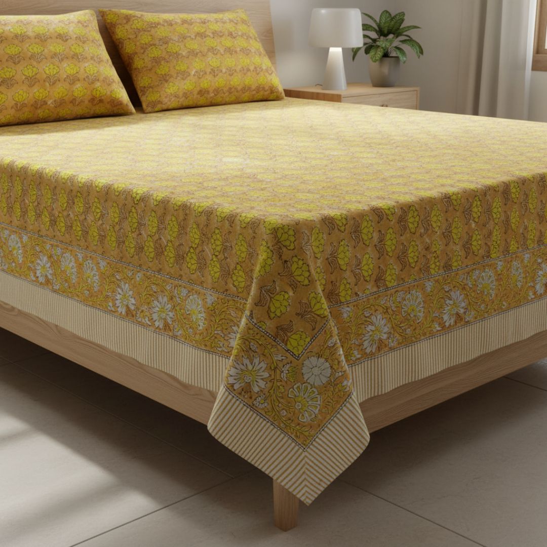 Single-Sided Block Printed Double Bedsheet in Yellow Floral Pattern
