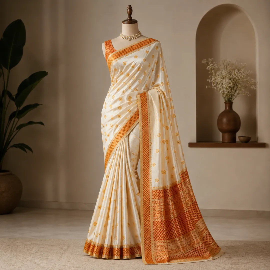 Graceful Ivory Assam Silk Saree with Vermilion Red & Gold Handwork Border with Blouse Piece