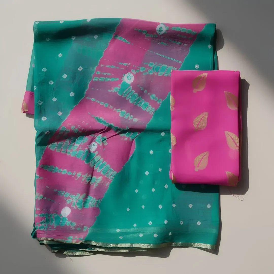 Sifon Bandhej Saree with Matching Blouse and Traditional Tie-Dye Design (Unstitched)