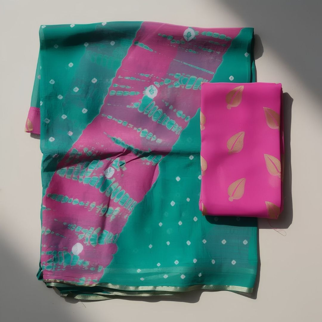 Sifon Bandhej Saree with Matching Blouse and Traditional Tie-Dye Design (Unstitched)