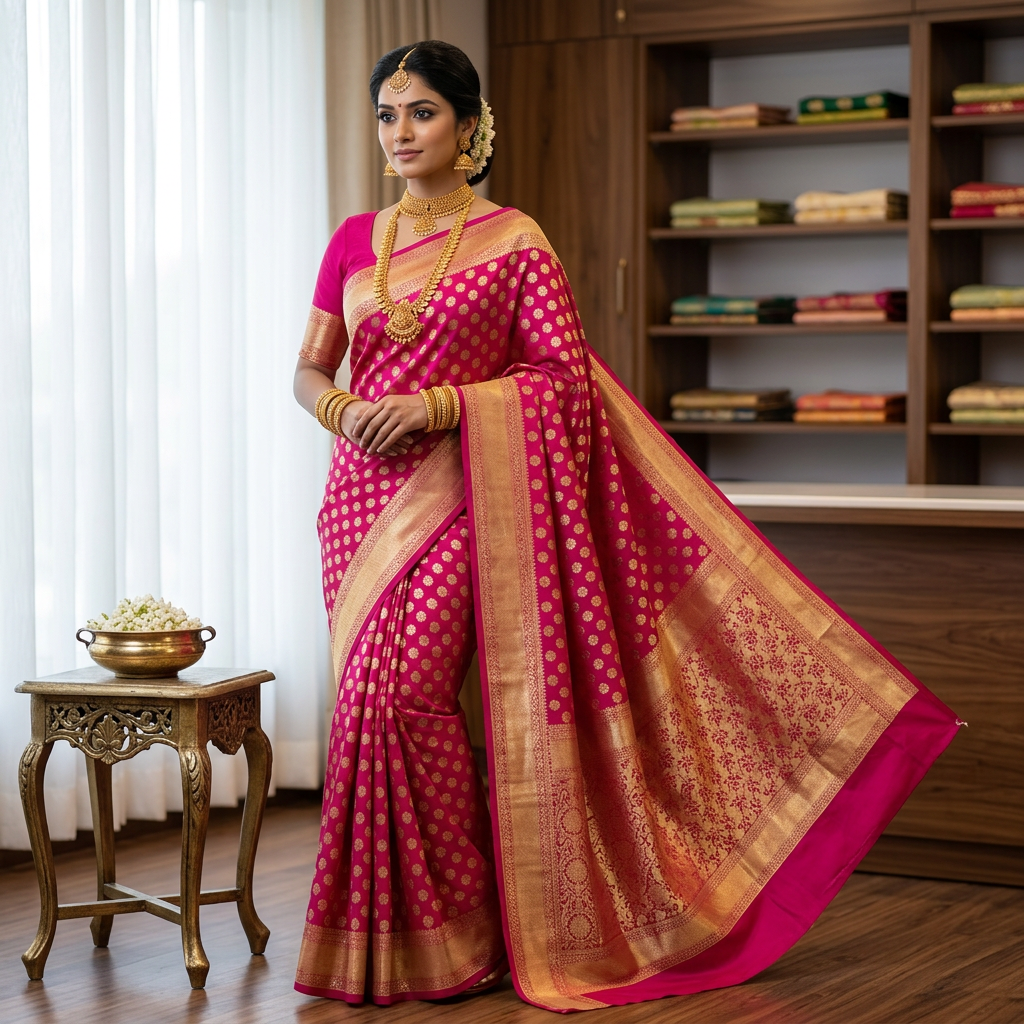 Pure Kanchipuram Kanjivaram Silk Saree Pink Gold Zari
