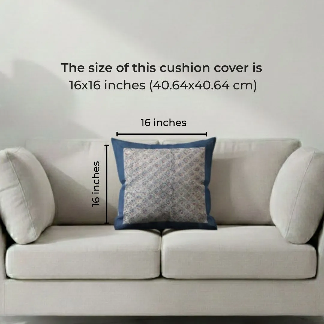 South Cotton Block Printed Cushion Covers with Blue Border Panel (Set of 2)
