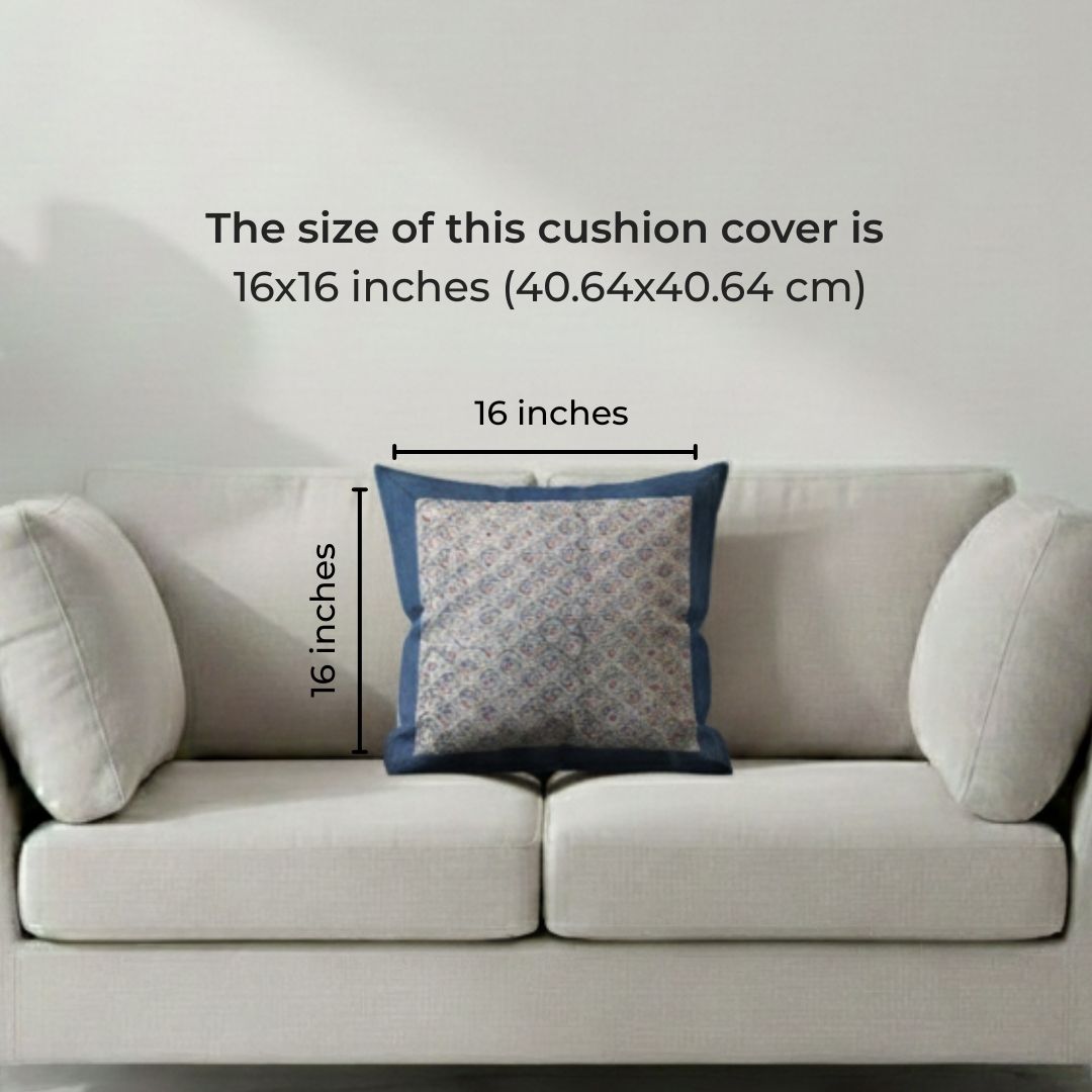 South Cotton Block Printed Cushion Covers with Blue Border Panel (Set of 2)