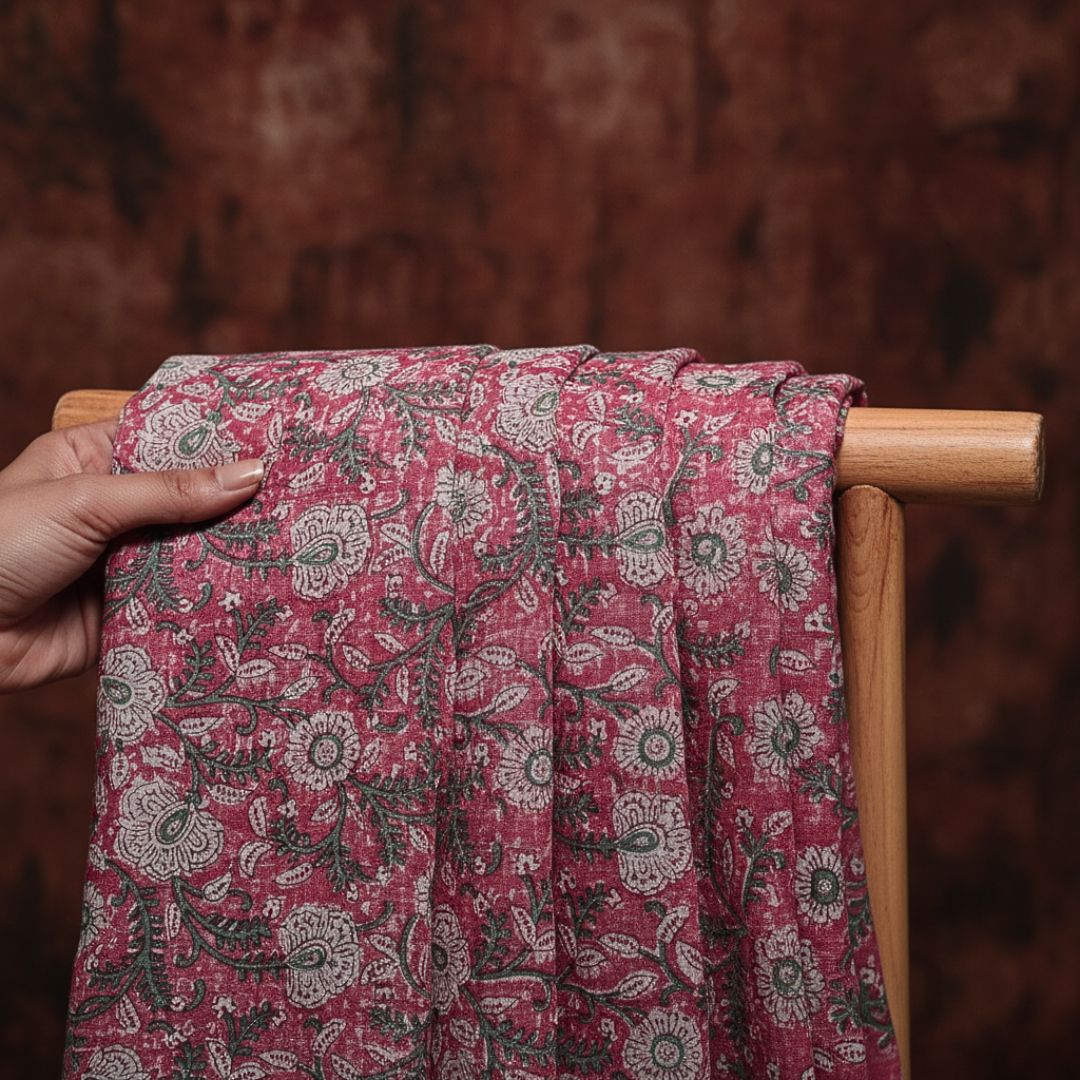 Single-Sided Block Printed Cotton Fabric in Red Floral Pattern