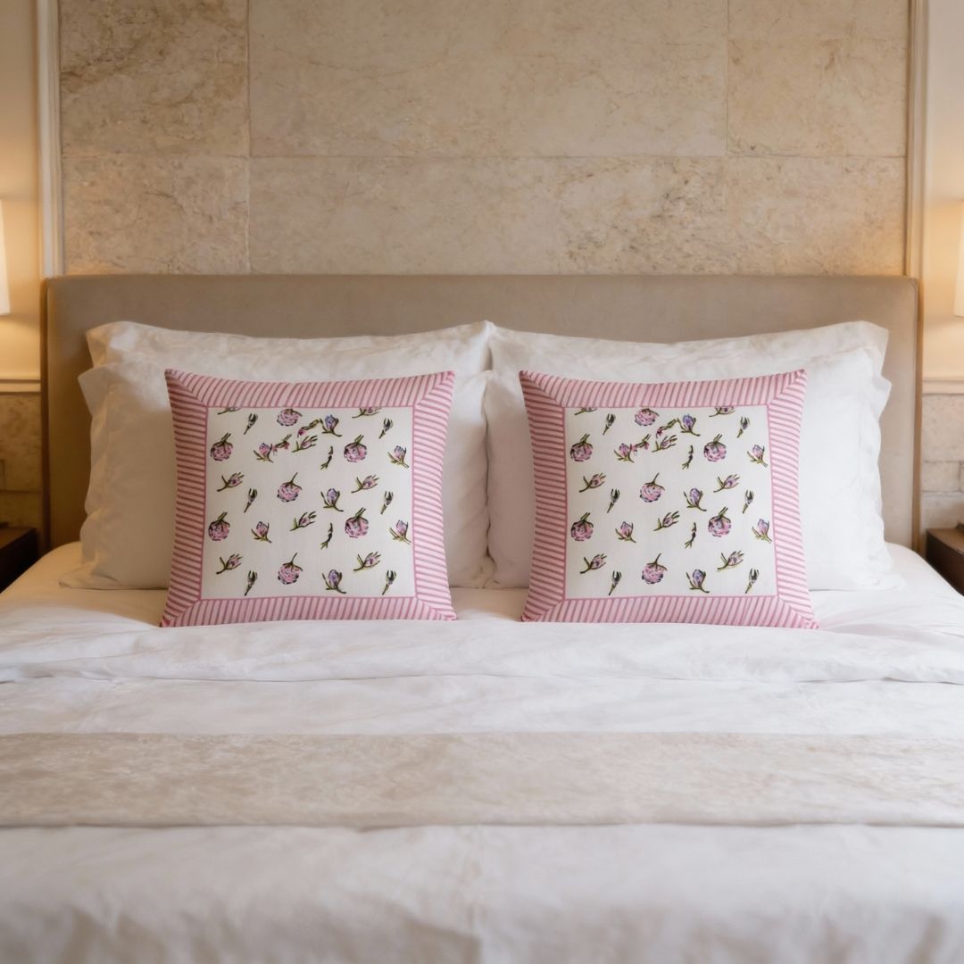 Block Printed South Cotton Cushion Covers in Floral Pattern