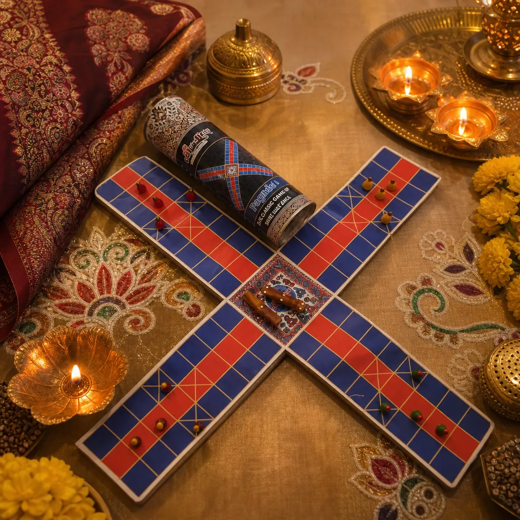 Pagade Board Game – Traditional Indian Pachisi (Parcheesi) Set in Blue & Red | Handmade Wooden Pieces | Includes How-to-Play Guide