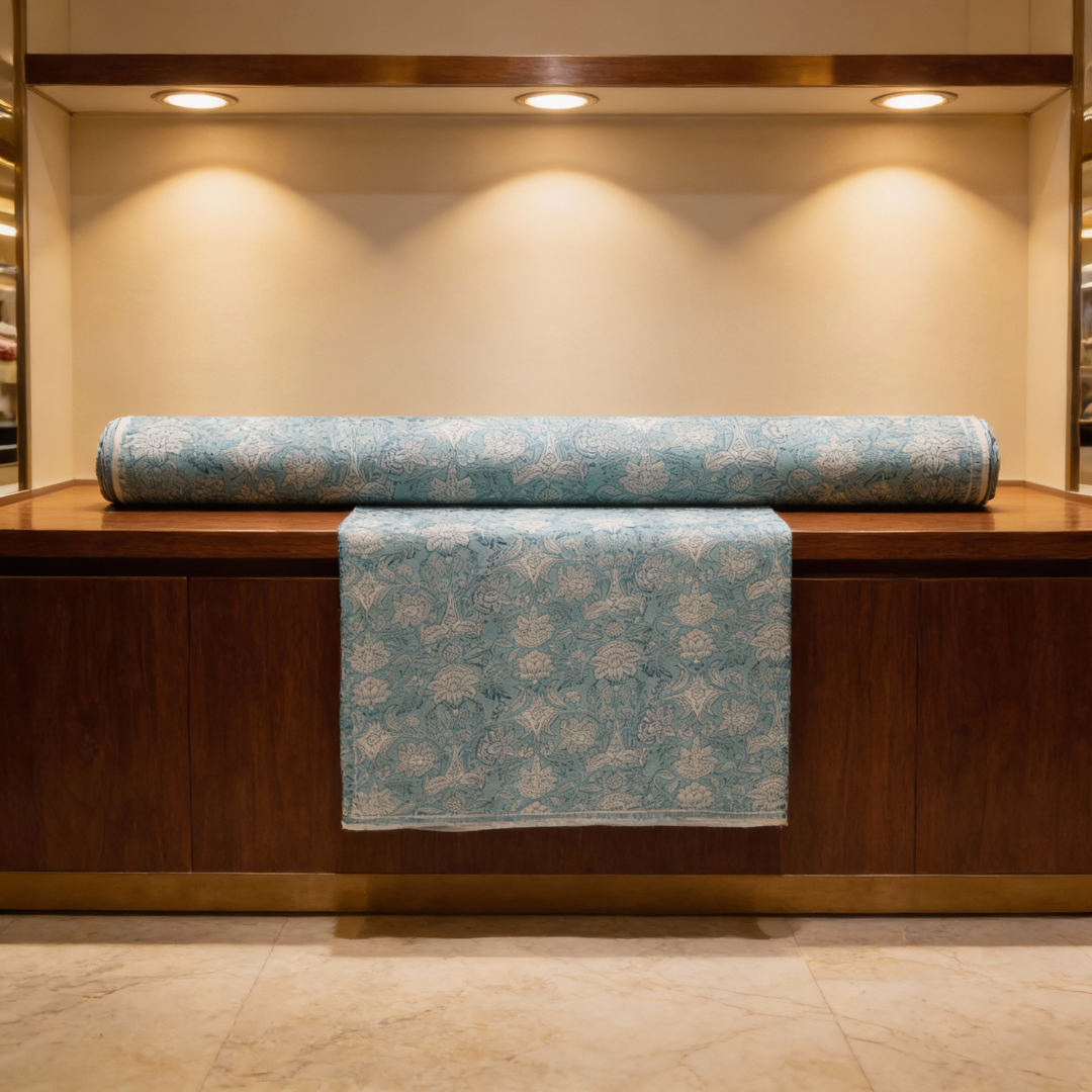 Single-Sided Block Printed Mal Cotton Fabric in Teal Floral Pattern