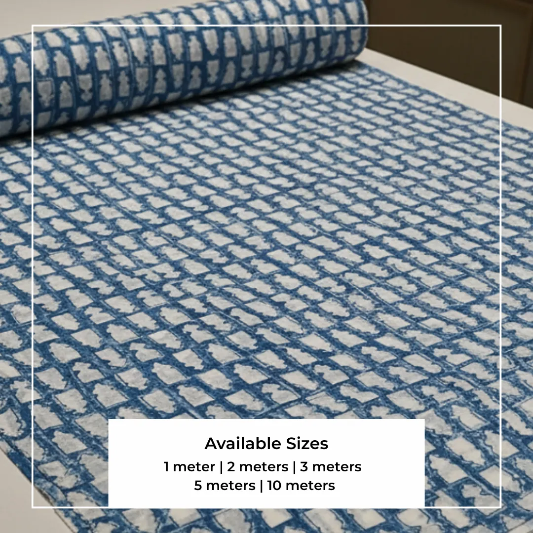 Single-Sided Hand Block Printed Mal Cotton Fabric – Blue Geometric | Sold Per Meter