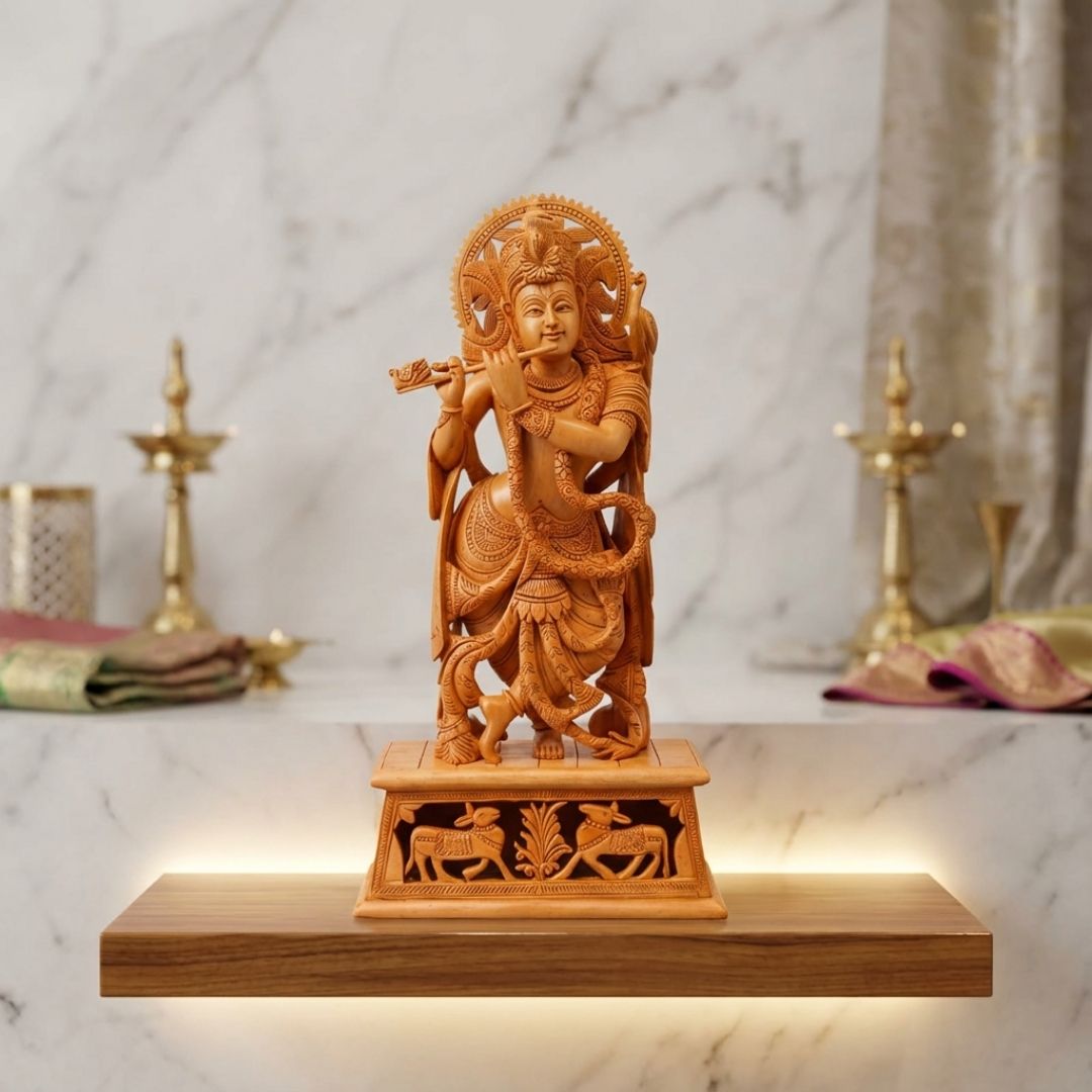 Lord Krishna Wooden Sculpture Standing with Flute Cow and Peacock Base Carving
