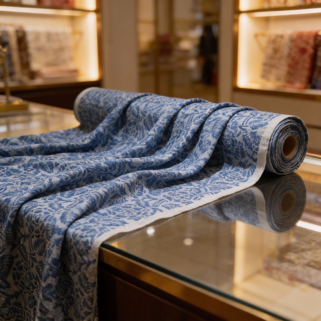 Single-Sided Block Printed Mal Cotton Fabric in Indigo Floral Pattern