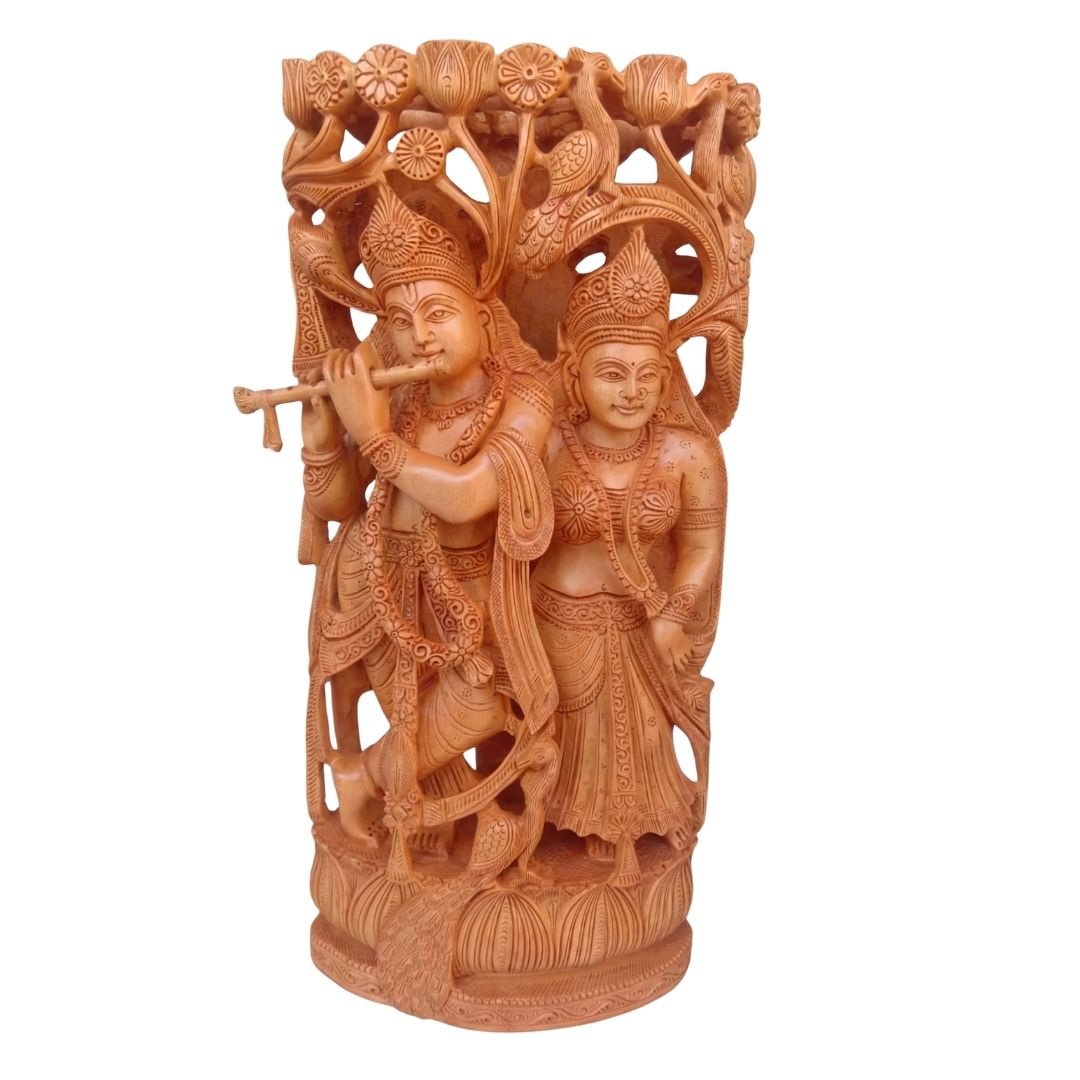 Radha Krishna Under Tree Sculpture with Peacock and Cow Carving in Sandalwood