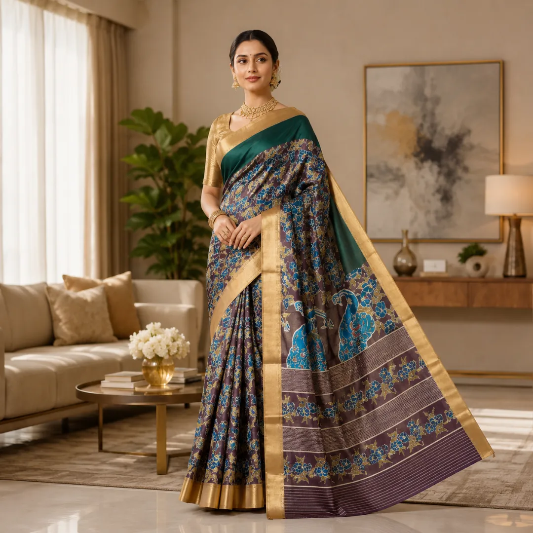 Golden Aura Handcrafted Bapta Tissue Saree with Abstract Pattern & Blouse Piece