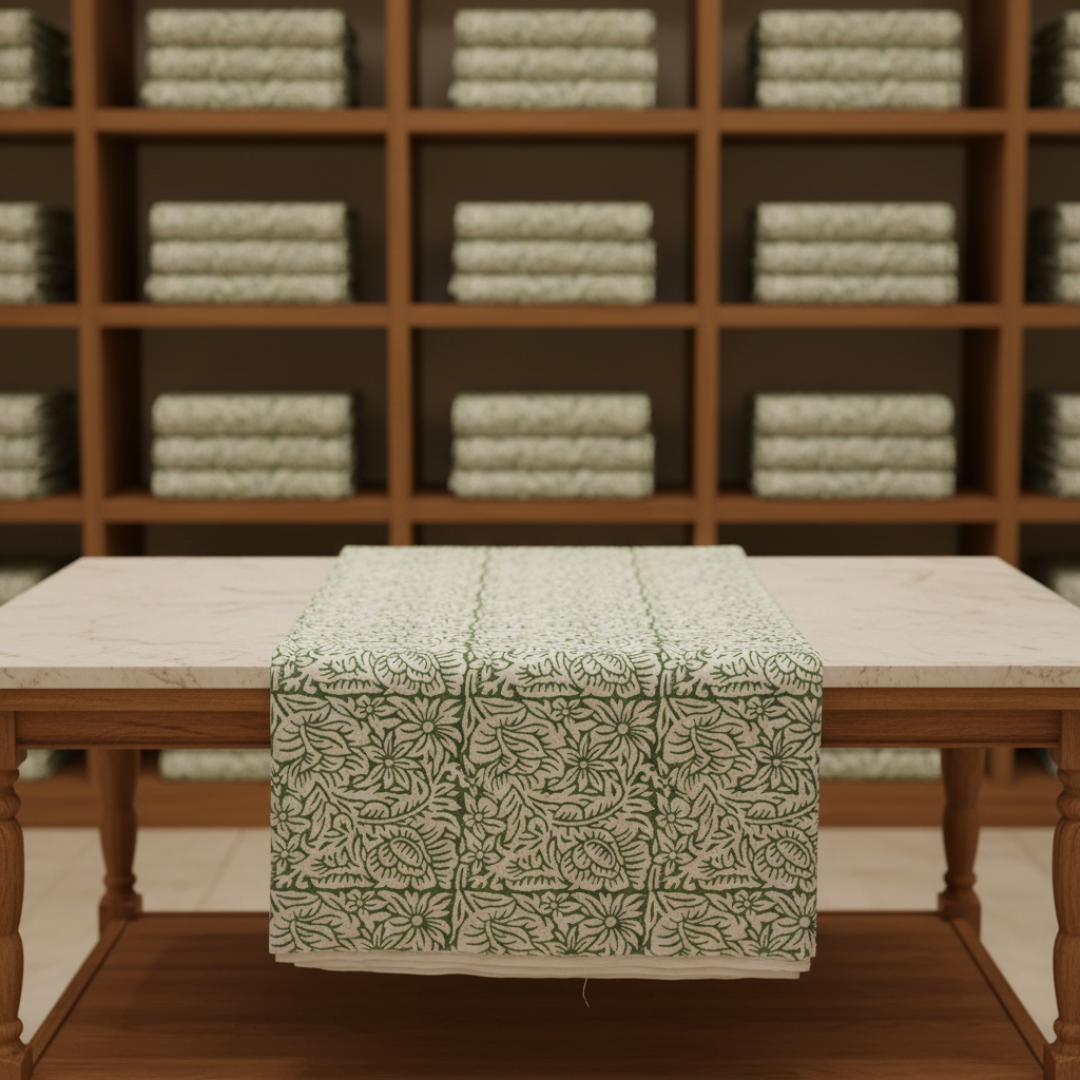 Single-Sided Hand Block Printed Mal Cotton Fabric – Green Botanical | Sold Per Meter