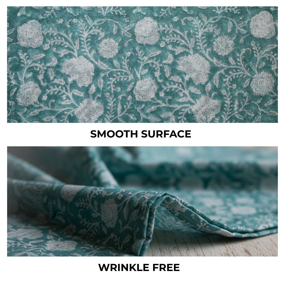 Single-Sided Block Printed Mal Cotton Fabric in Teal Floral Pattern