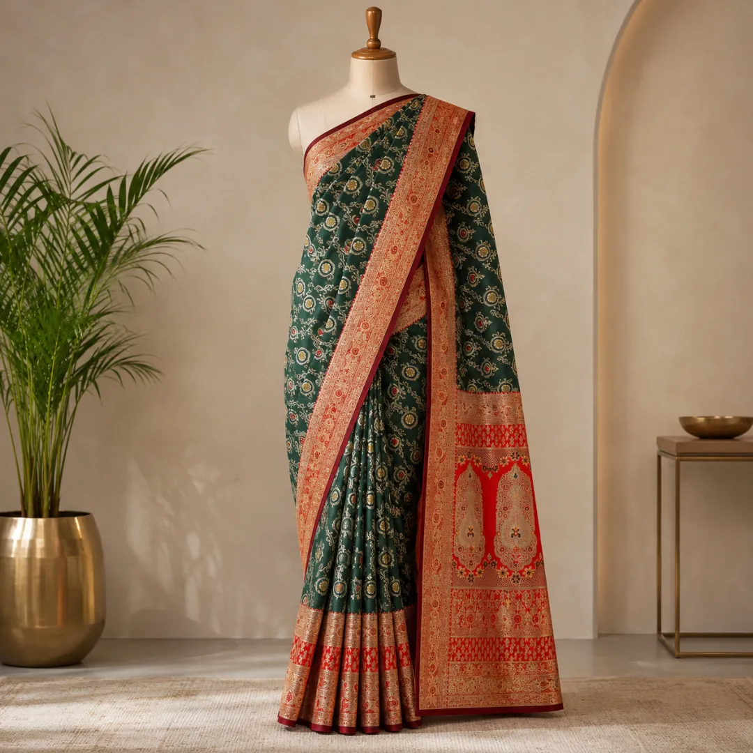 Handcrafted Dark Green & Red Puri Gazzi Satin Saree with Royal Zari Paisley Pallu & Blouse Piece