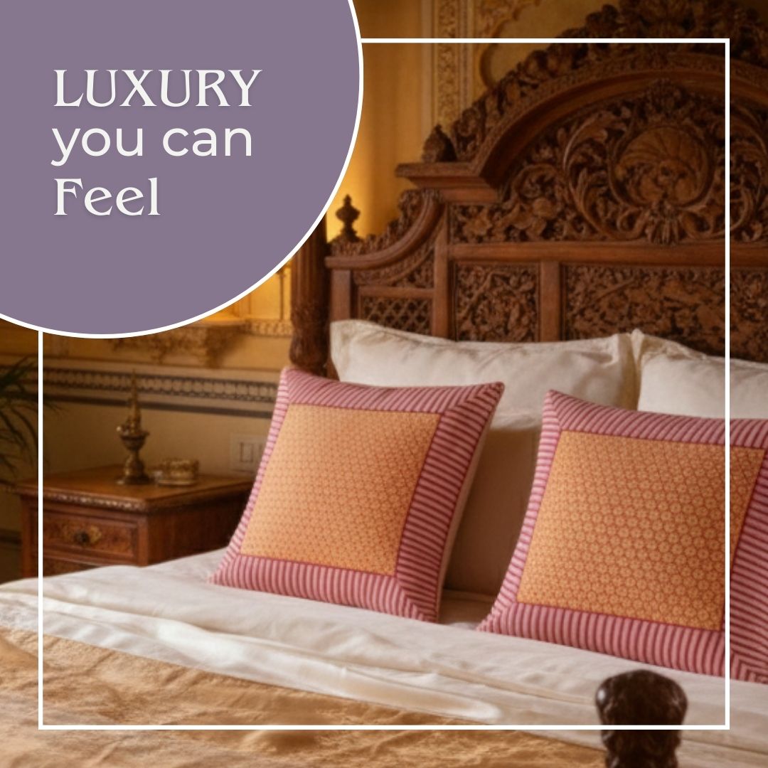 Block Printed Cotton Cushion Covers with Grid Pattern & Multicolour Border (Set of 2)