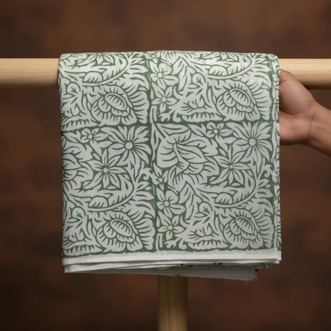 Single-Sided Hand Block Printed Mal Cotton Fabric – Green Botanical | Sold Per Meter