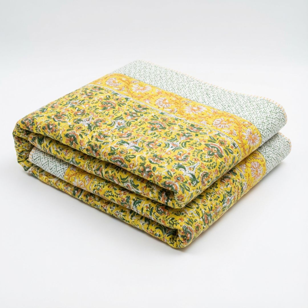Single Double-Sided Block Printed Cotton Comforter in Yellow Green Floral Pattern