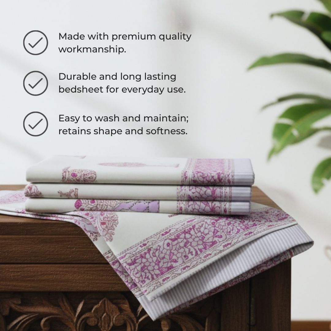 Single-Sided Block Printed Double Bedsheet in Soft Pink Floral Motif