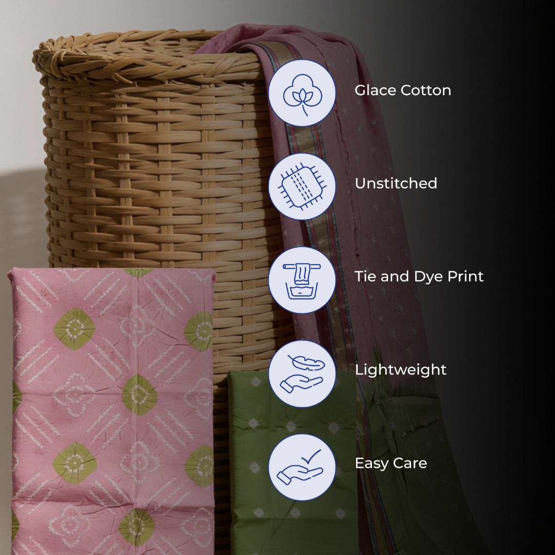 Glace Cotton Suit Fabric with Traditional Tie and Dye Motifs for Cut Top