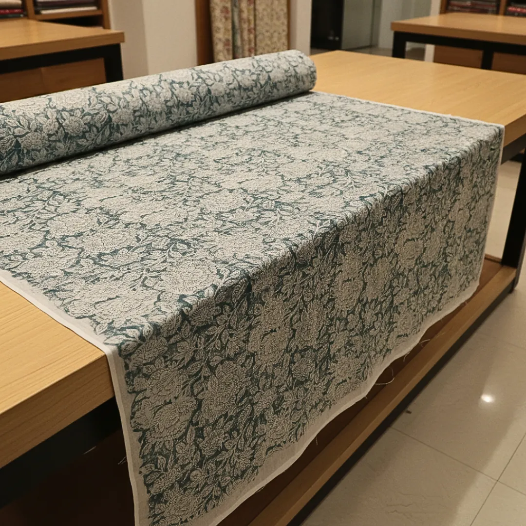Single-Sided Hand Block Printed Mal Cotton Fabric – Blue Floral Motif | Sold Per Meter