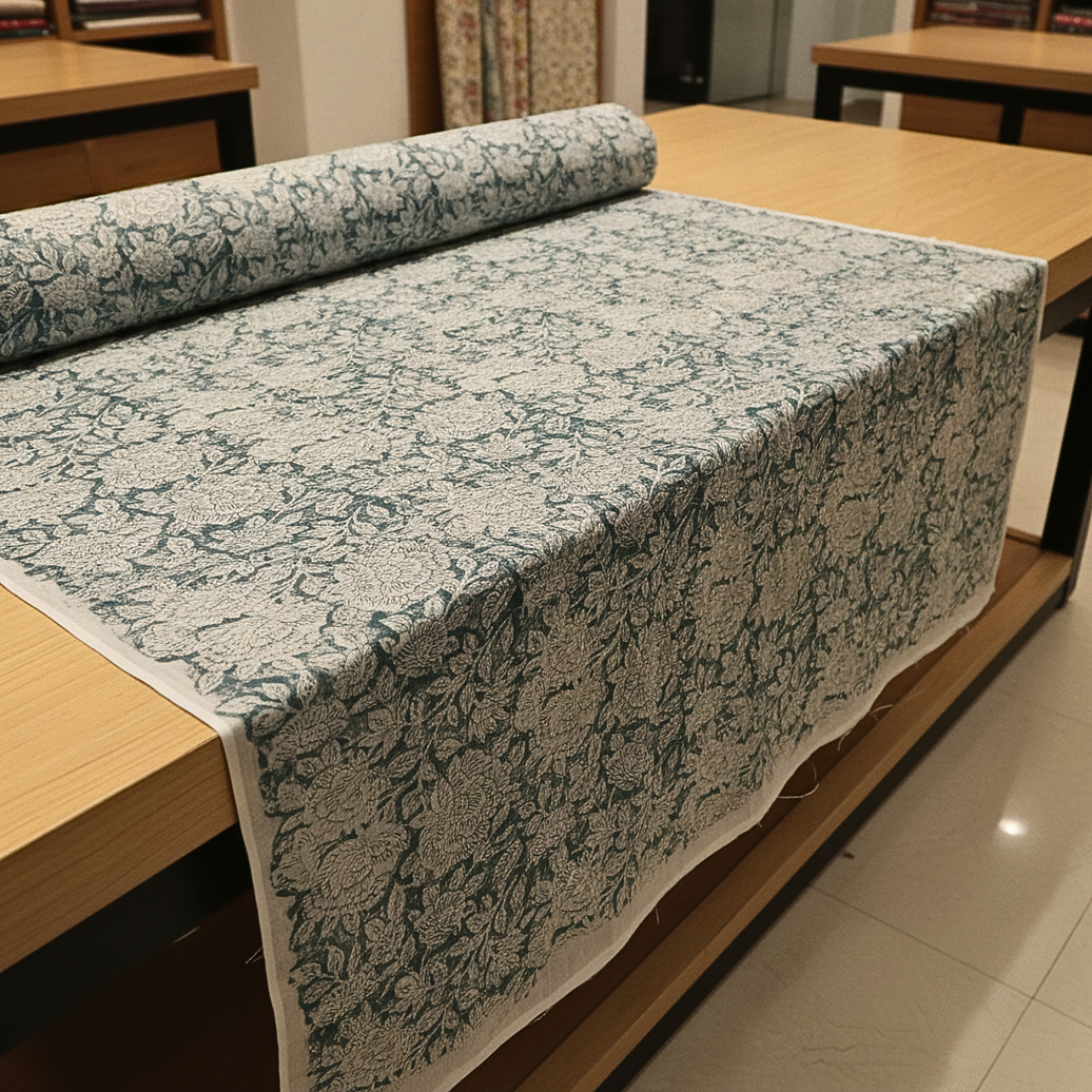 Single-Sided Block Printed Mal Cotton Fabric in Blue Floral Motif