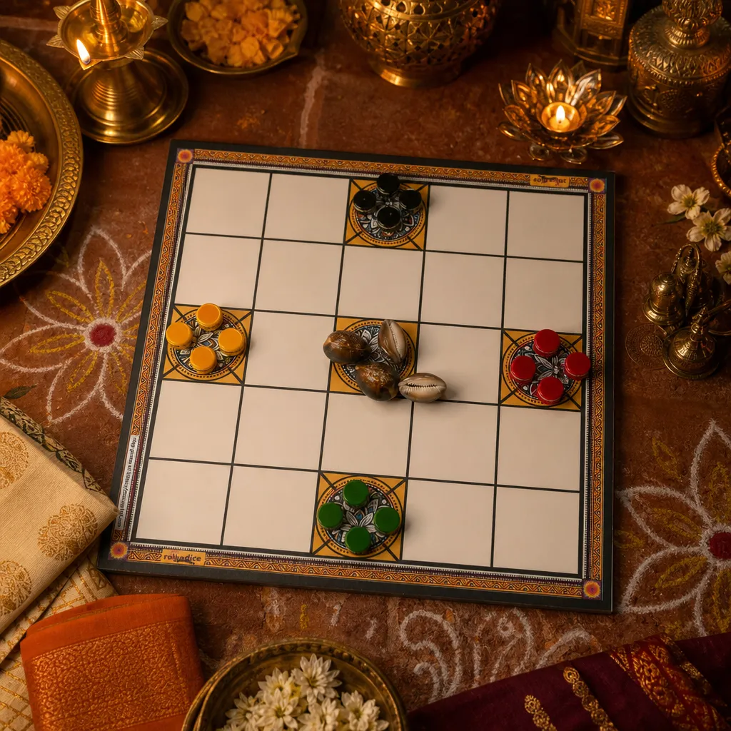 Chowka Bara 5 & 7 House Board Game Combo Set | Cotton Canvas Mat & Wooden Pawns | Ashta Chamma (Telugu), Daayam (Tamil) | Includes How to Play Instructions