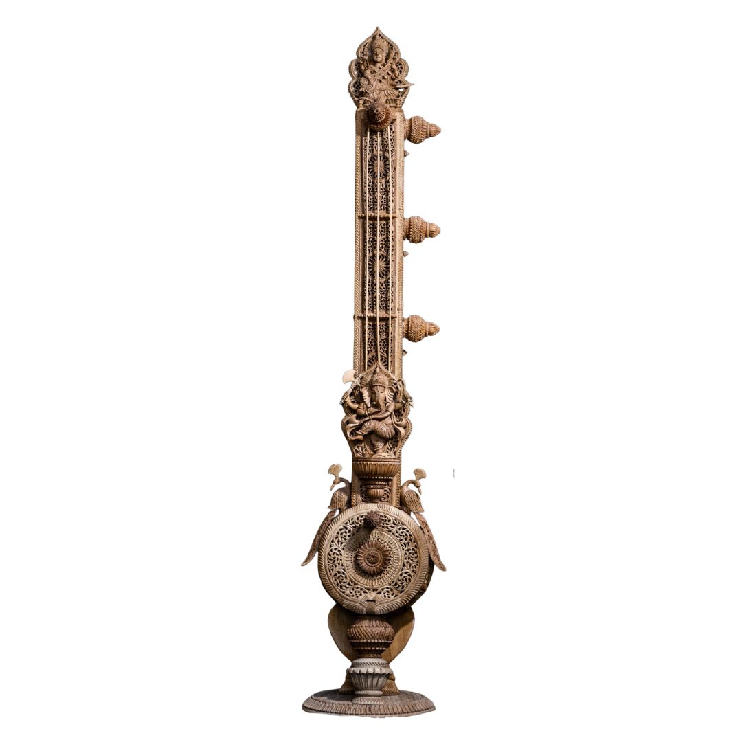 Pure Sandalwood Divine Veena Sculpture with Ornate Carving
