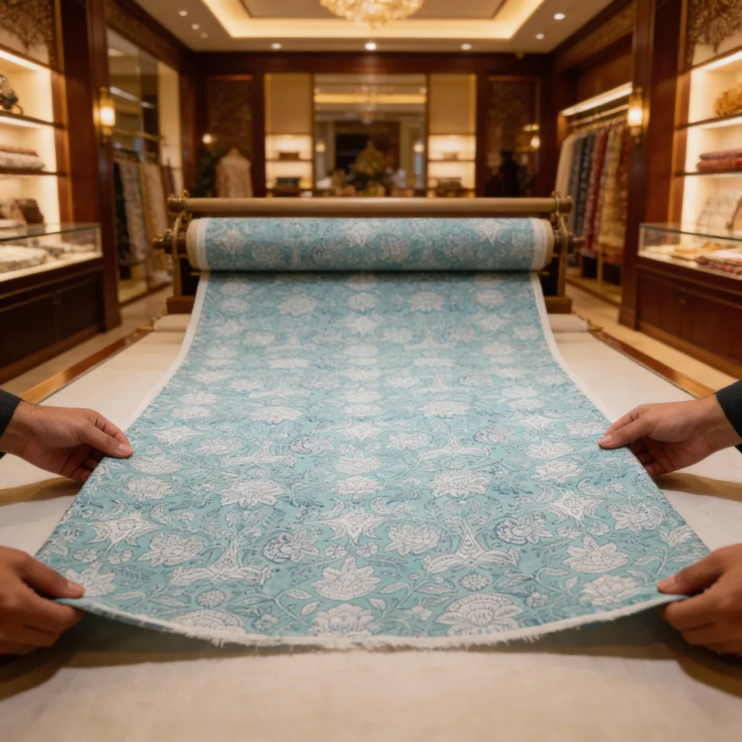 Single-Sided Hand Block Printed Mal Cotton Fabric – Teal Floral | Sold Per Meter