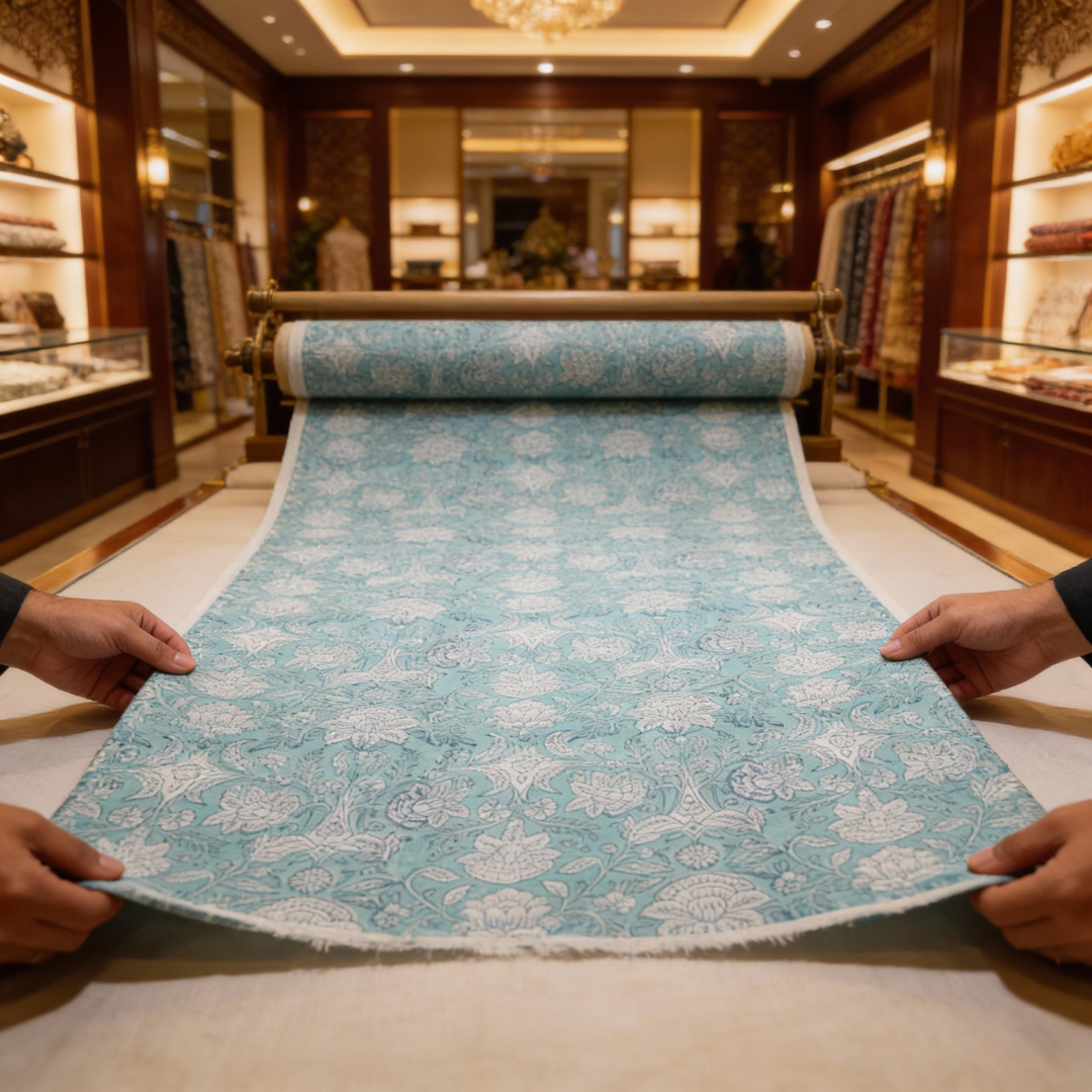 Single-Sided Block Printed Mal Cotton Fabric in Teal Floral Pattern