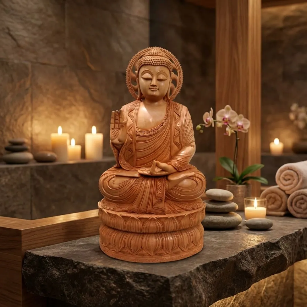 Handcrafted Sandalwood Buddha Idol in Meditation Pose on Double Lotus Base