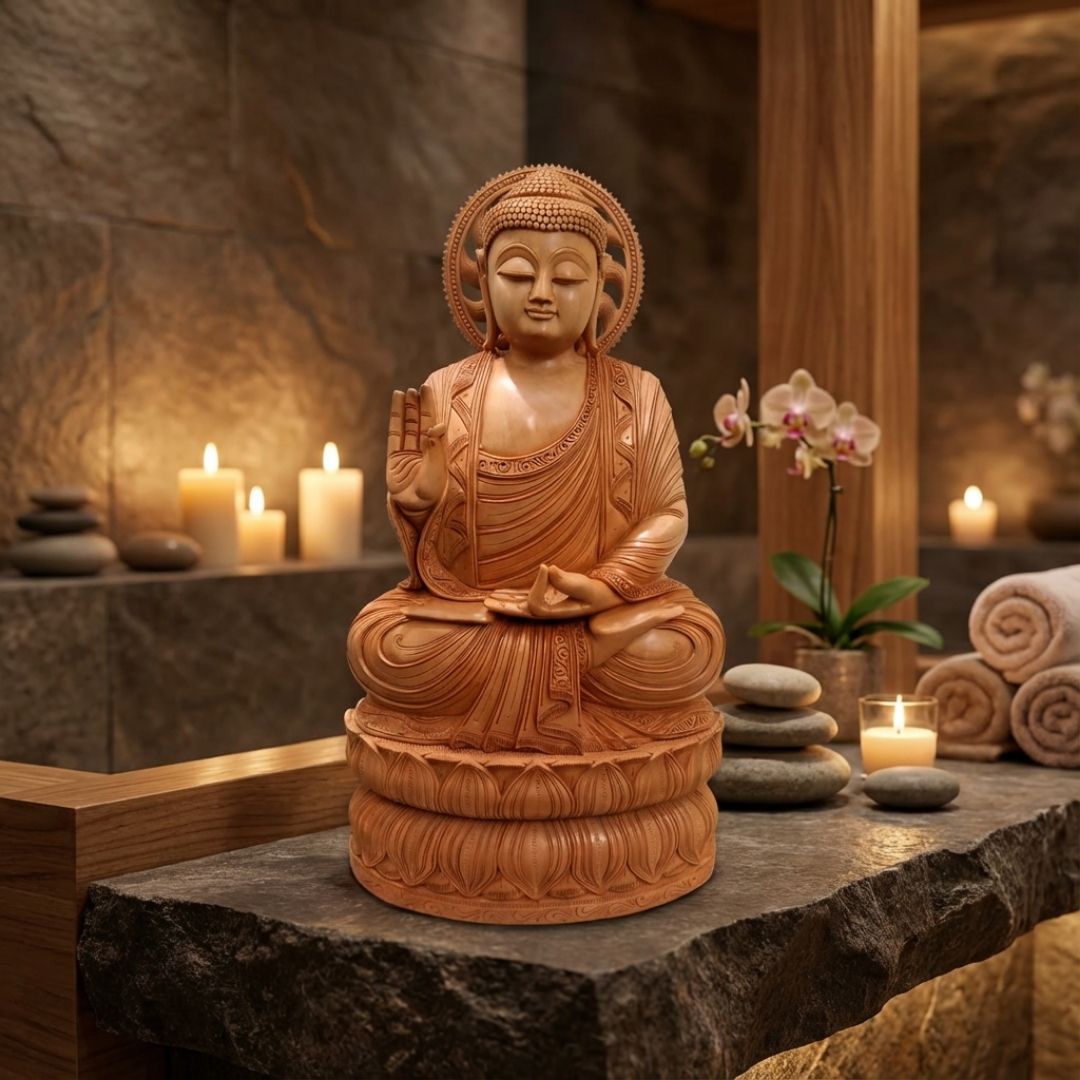 Handcrafted Sandalwood Buddha Idol in Meditation Pose on Double Lotus Base