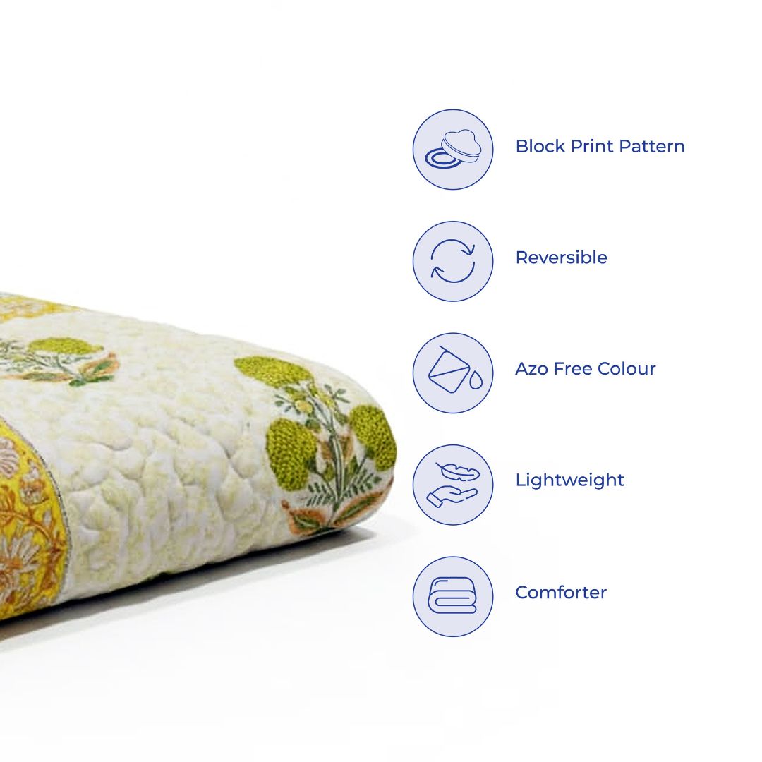 Single Double-Sided Block Printed Cotton Comforter in Yellow Green Floral Pattern