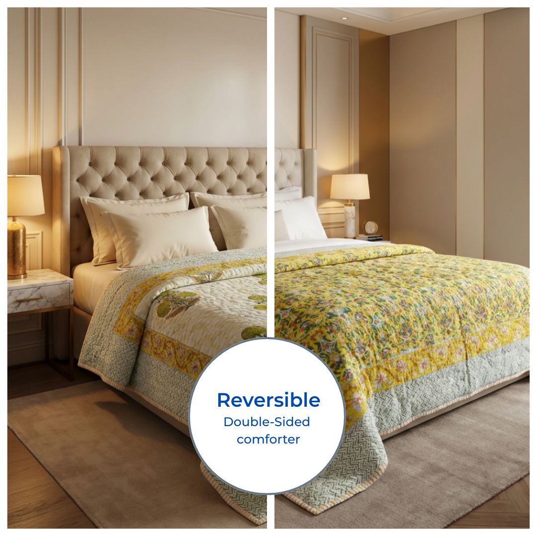 Single Double-Sided Block Printed Cotton Comforter in Yellow Green Floral Pattern