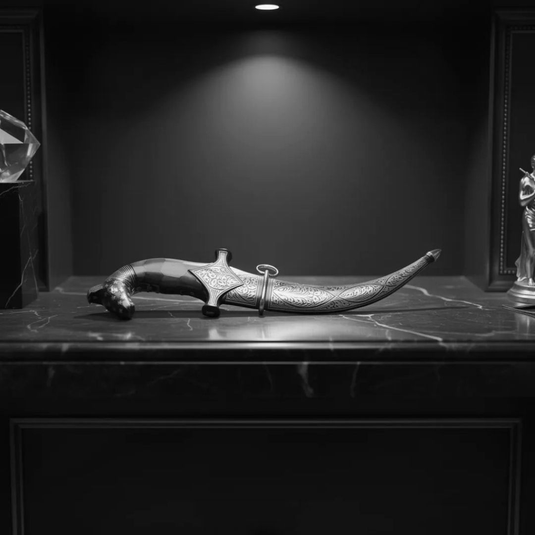 Curved Bone Handle Koftgari Dagger with Handcrafted Metal Inlay Detailing