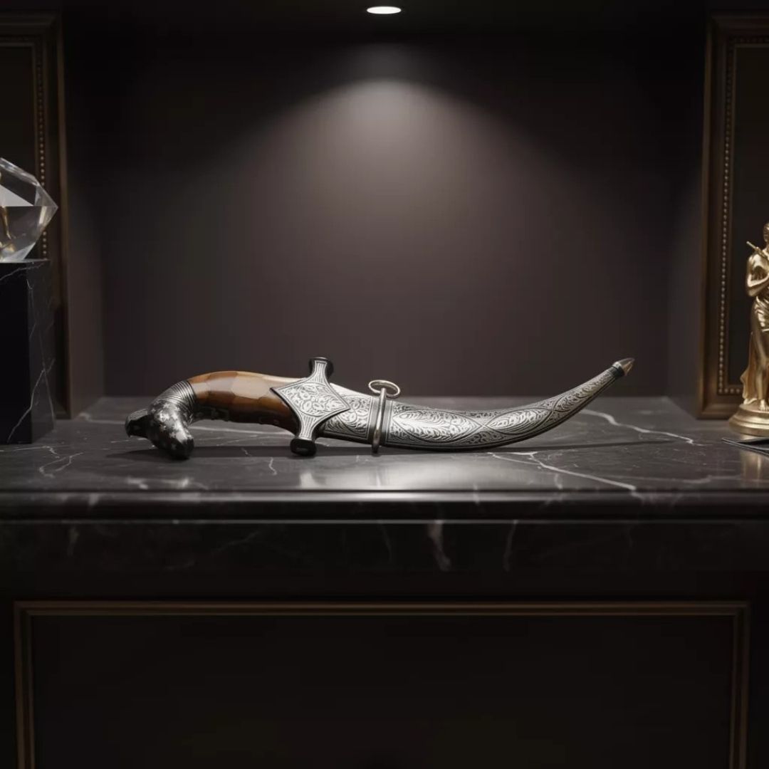 Curved Bone Handle Koftgari Dagger with Handcrafted Metal Inlay Detailing