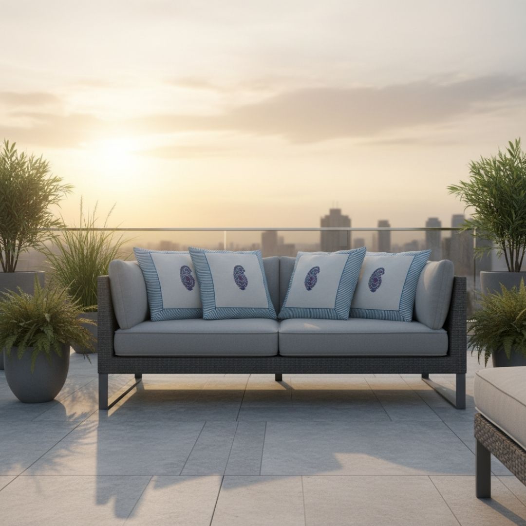 Block Printed South Cotton Cushion Cover with Blue Border and Central Motif 