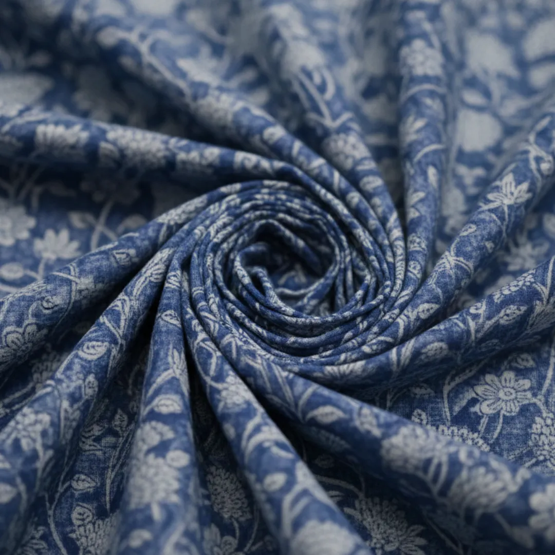Single-Sided Hand Block Printed Mal Cotton Fabric – Indigo Floral | Sold Per Meter