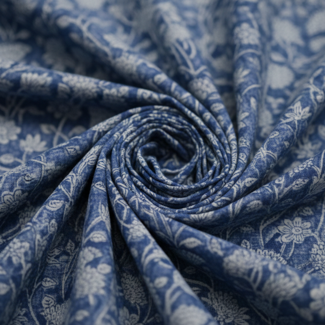 Single-Sided Block Printed Mal Cotton Fabric in Indigo Floral Pattern