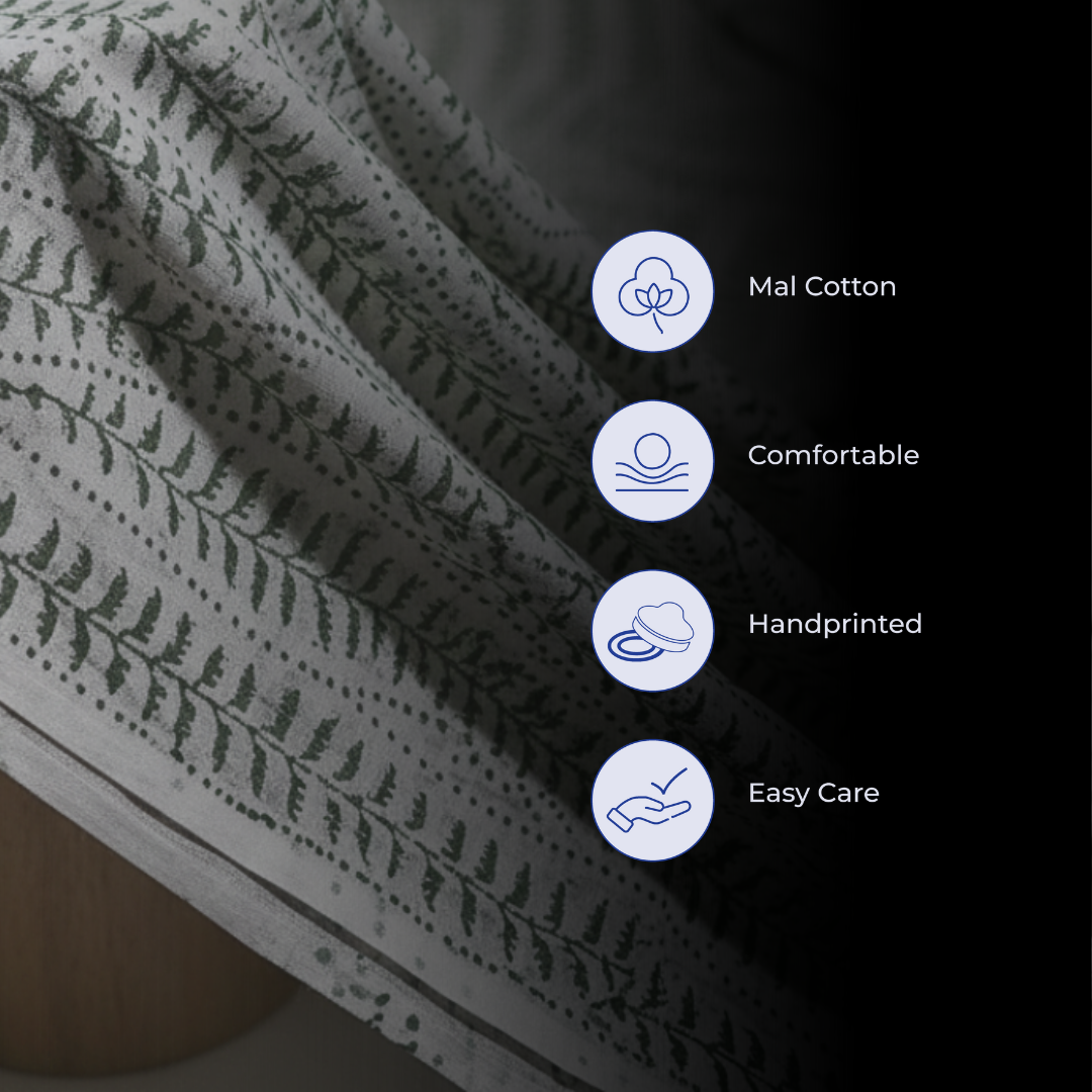 Single-Sided Block Printed Mal Cotton Fabric in Grey Leaf Pattern