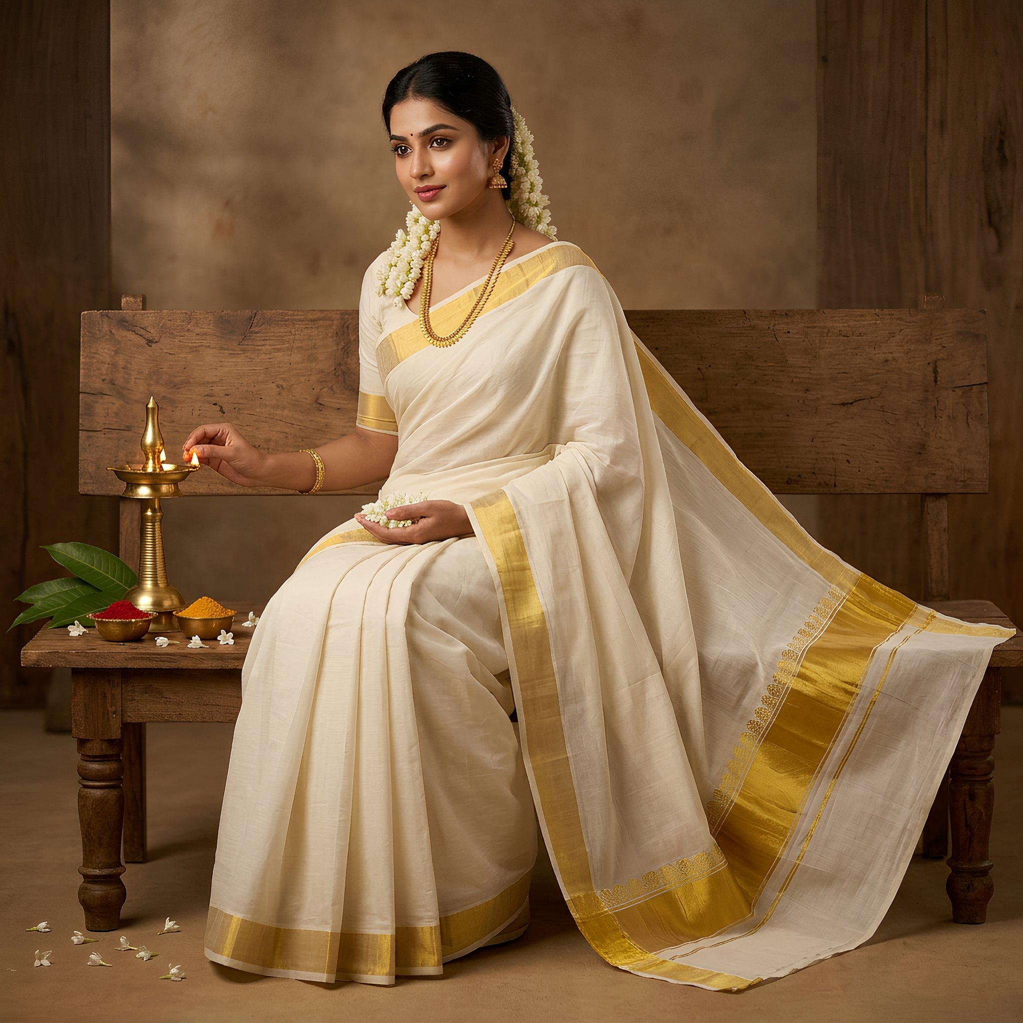 Kerala Kasavu Cotton Saree Cream Gold Border