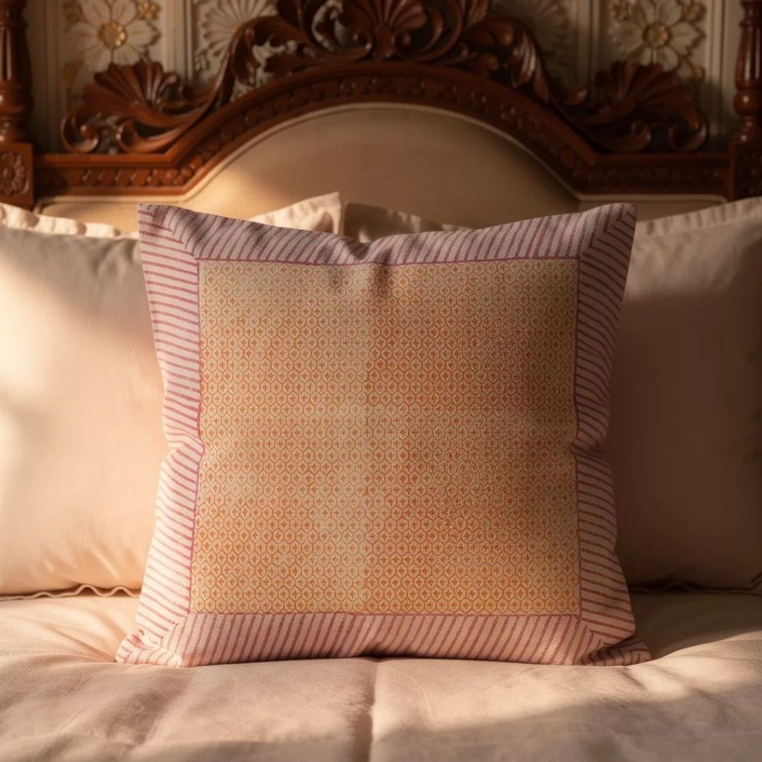 Block Printed South Cotton Cushion Cover with Multicolour Grid Border