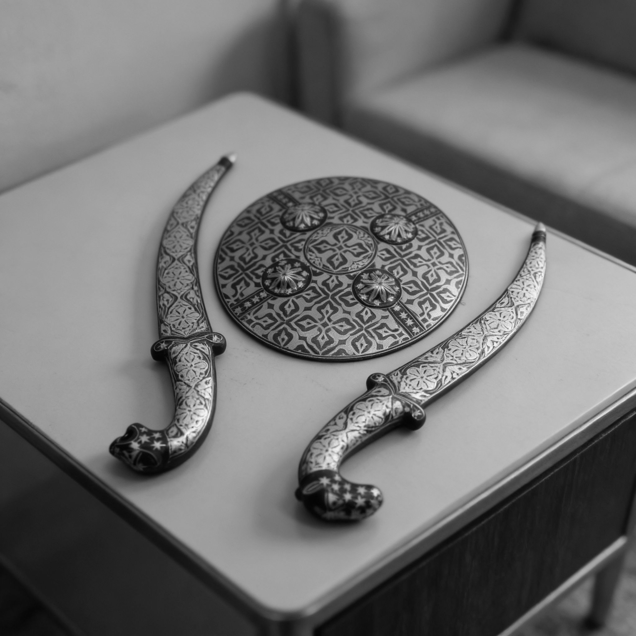 Decorative Koftgari Dagger Set with Matching Shield Motif