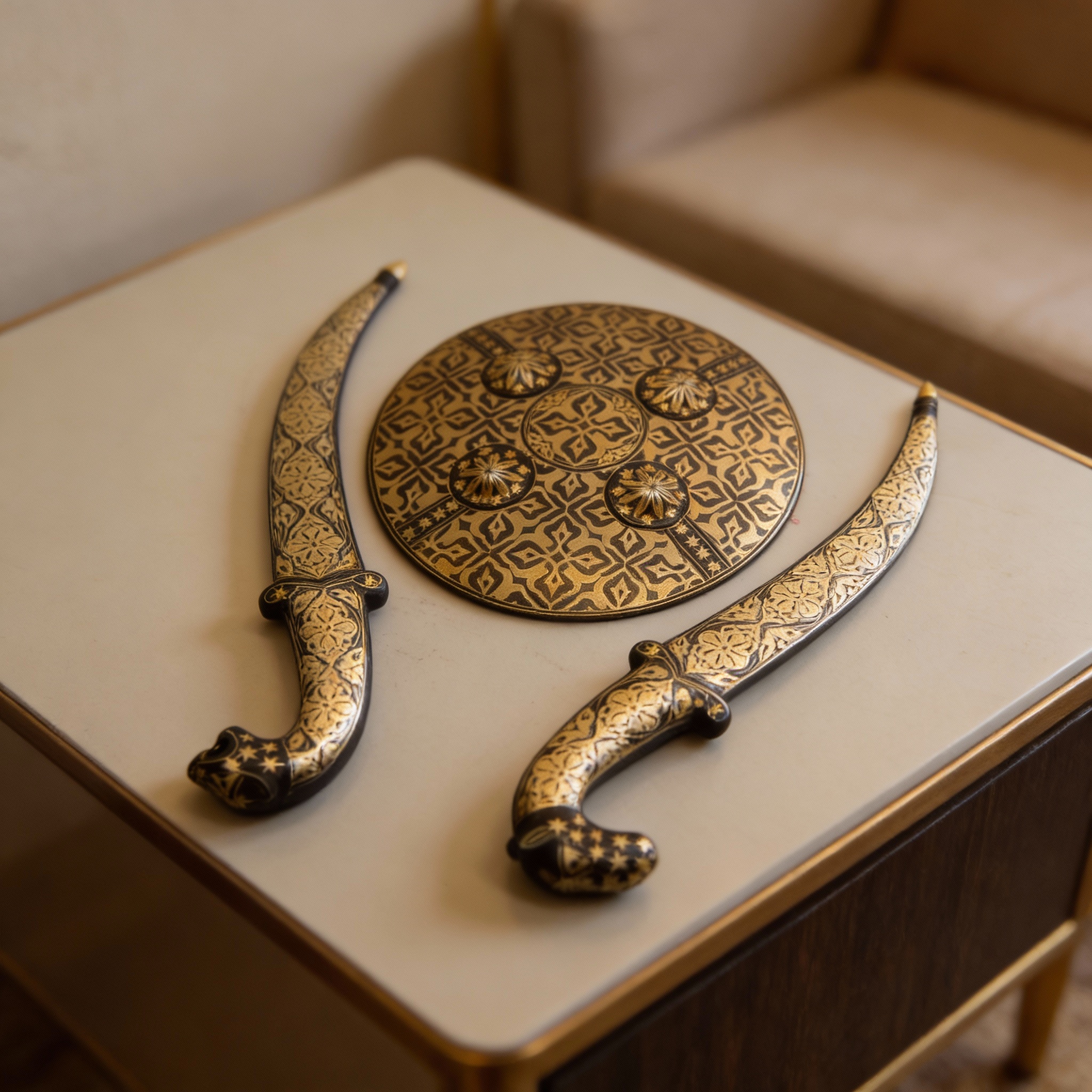 Decorative Koftgari Dagger Set with Matching Shield Motif