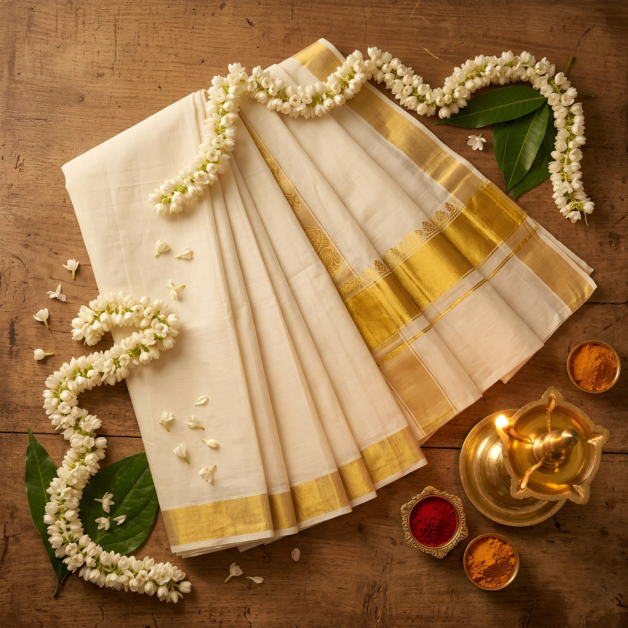 Kerala Kasavu Cotton Saree Cream Gold Border