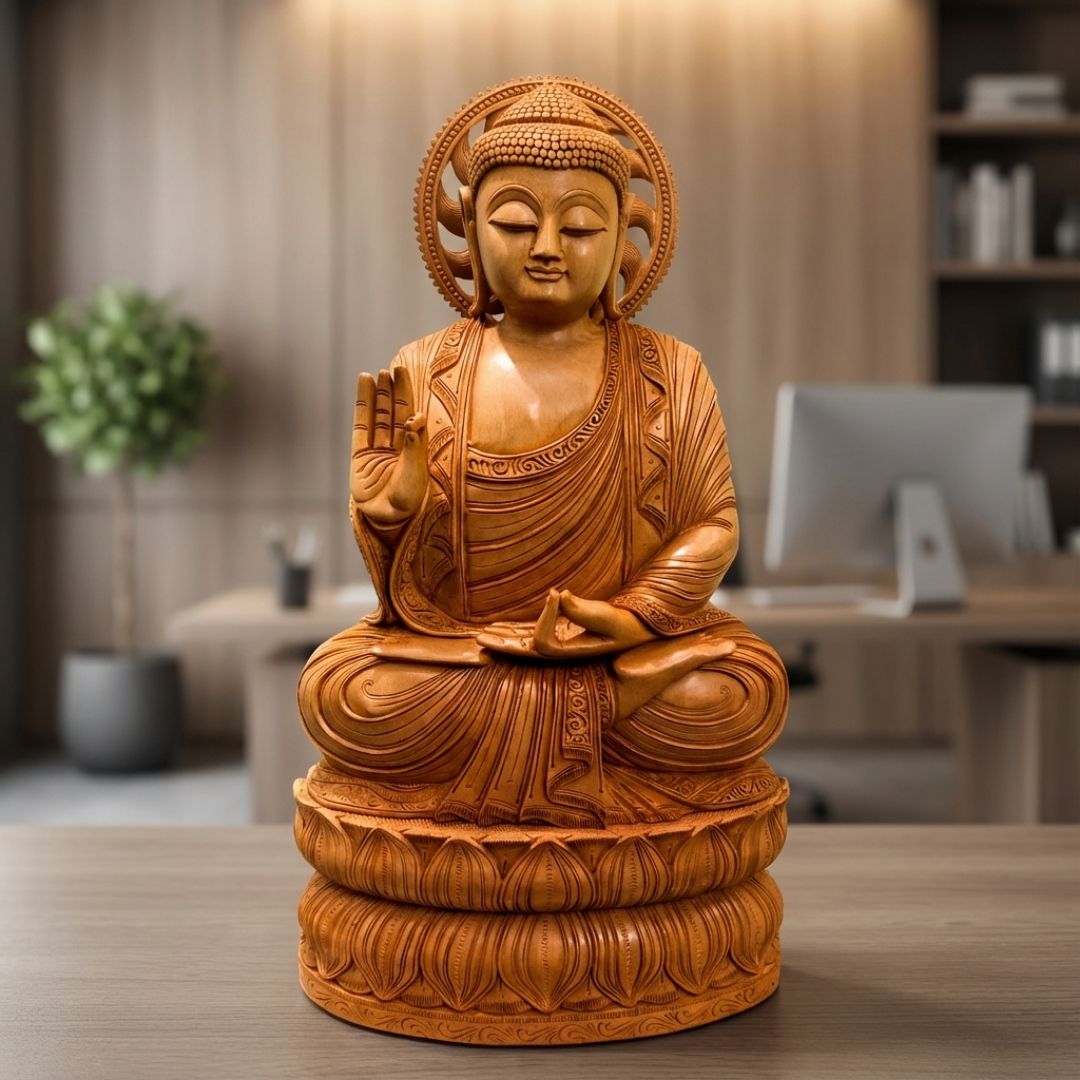 Handcrafted Sandalwood Buddha Idol in Meditation Pose on Double Lotus Base