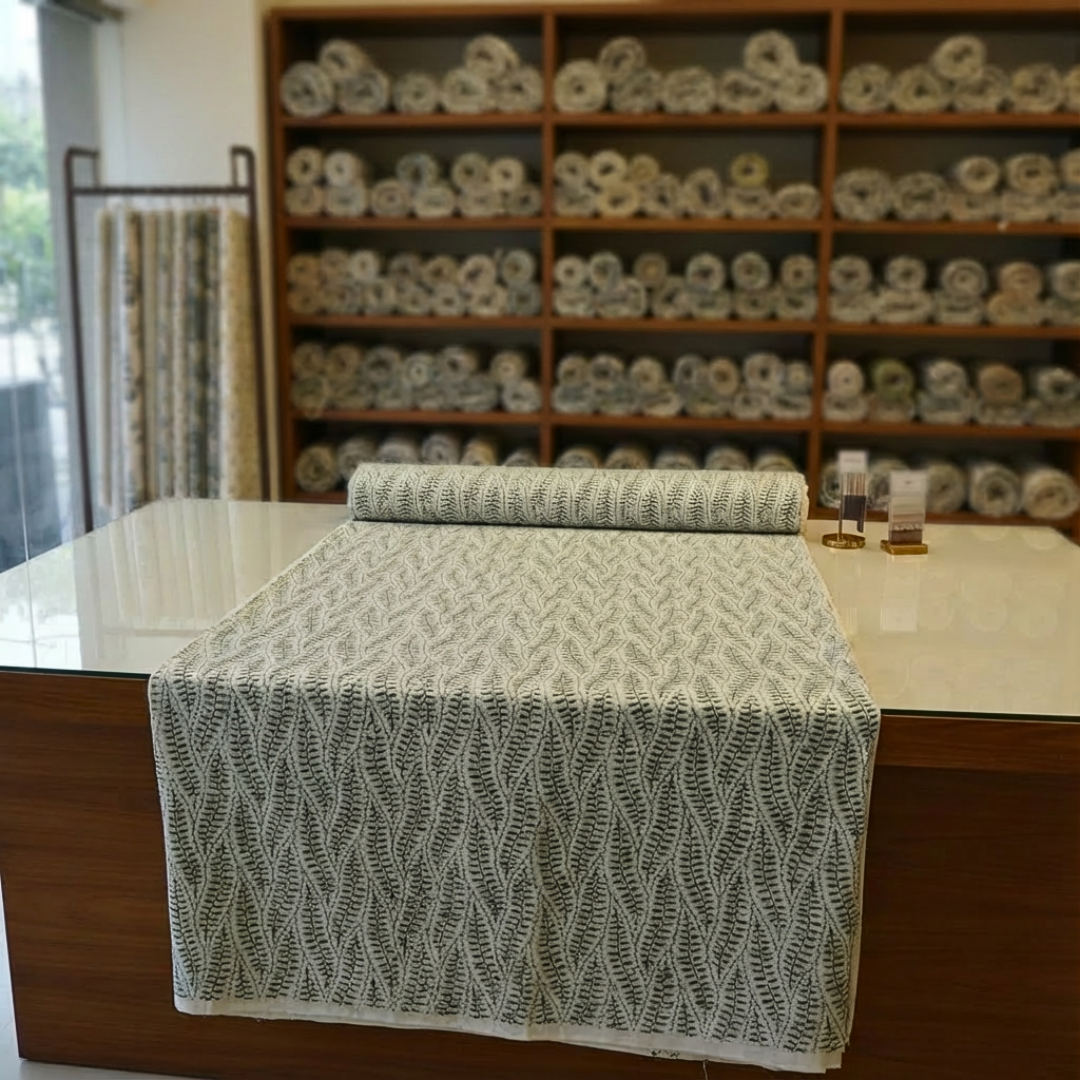 Single-Sided Block Printed Mal Cotton Fabric in Grey Leaf Pattern